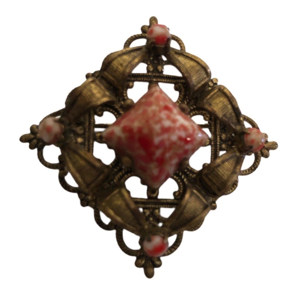 Art Deco Coral Matrix Glass Cabochon Pin Brooch Diamond Shape